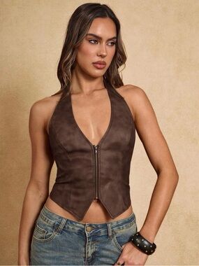 Women's Brown Faux-Leather Halter Zip Front Top